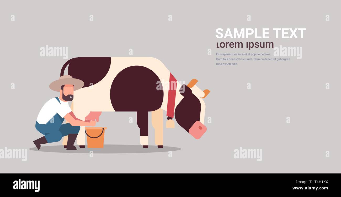 L'agricoltore maschio mucca mungitura nel secchio fattoria degli animali domestici bovini da latte fresco concetto piatta grigia orizzontale di sfondo spazio copia Illustrazione Vettoriale