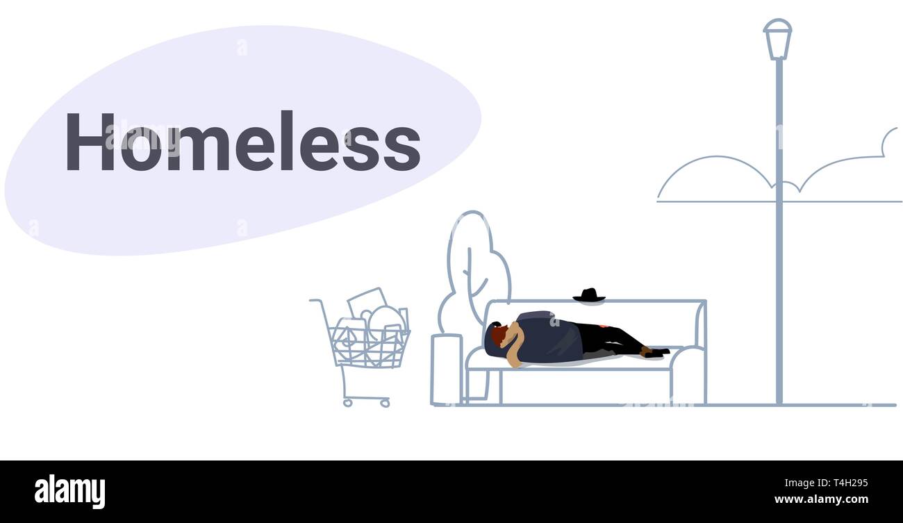 Povero dormendo all'aperto mendicante ubriaca sdraiato sul banco di legno senzatetto concetto schizzo doodle orizzontale di lunghezza completa Illustrazione Vettoriale