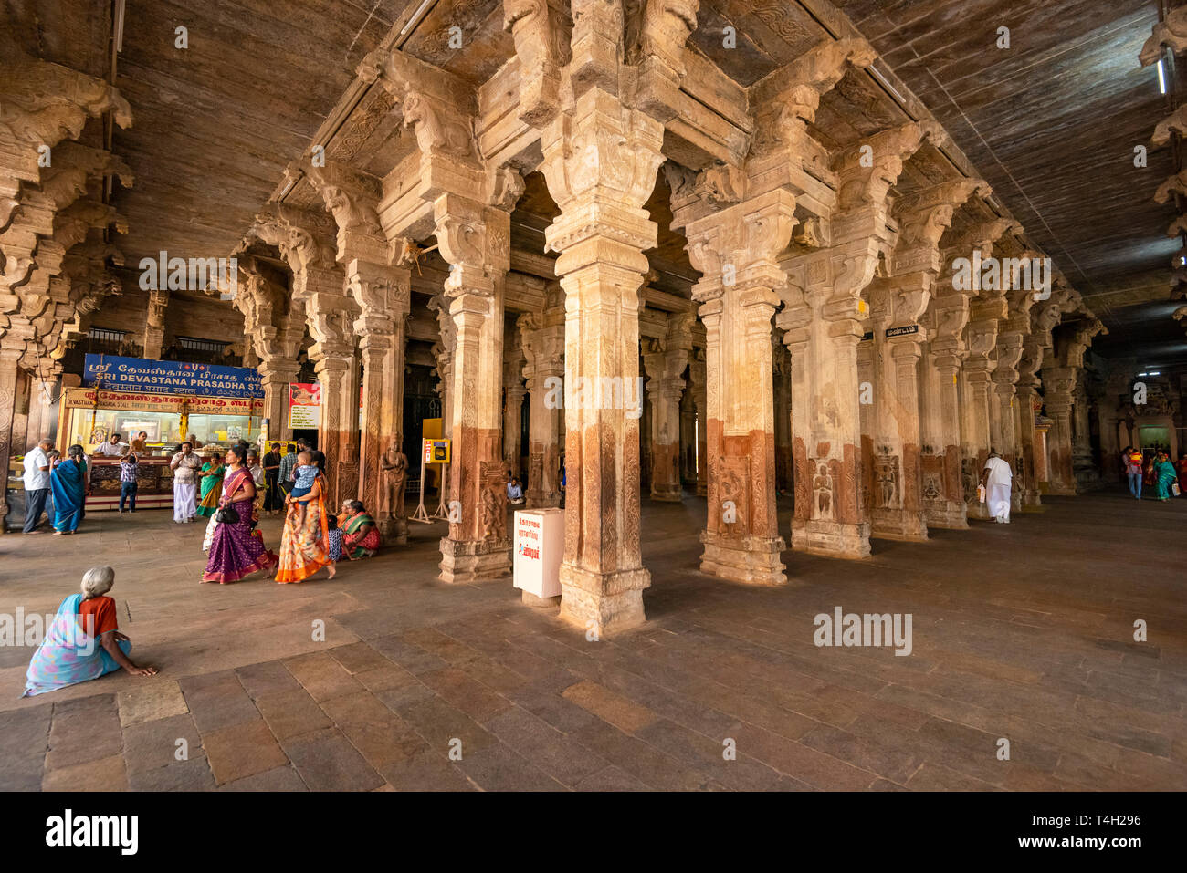 Vista orizzontale all'interno di una delle sale riunioni in Sri Ranganathaswamy tempio complesso di Trichy, India. Foto Stock