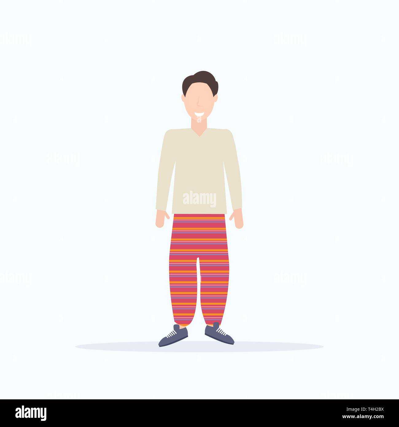 Felice casual uomo in piedi pongono sorridente ragazzo indossa abiti alla moda maschile personaggio dei cartoni animati a piena lunghezza piatto sfondo bianco Illustrazione Vettoriale