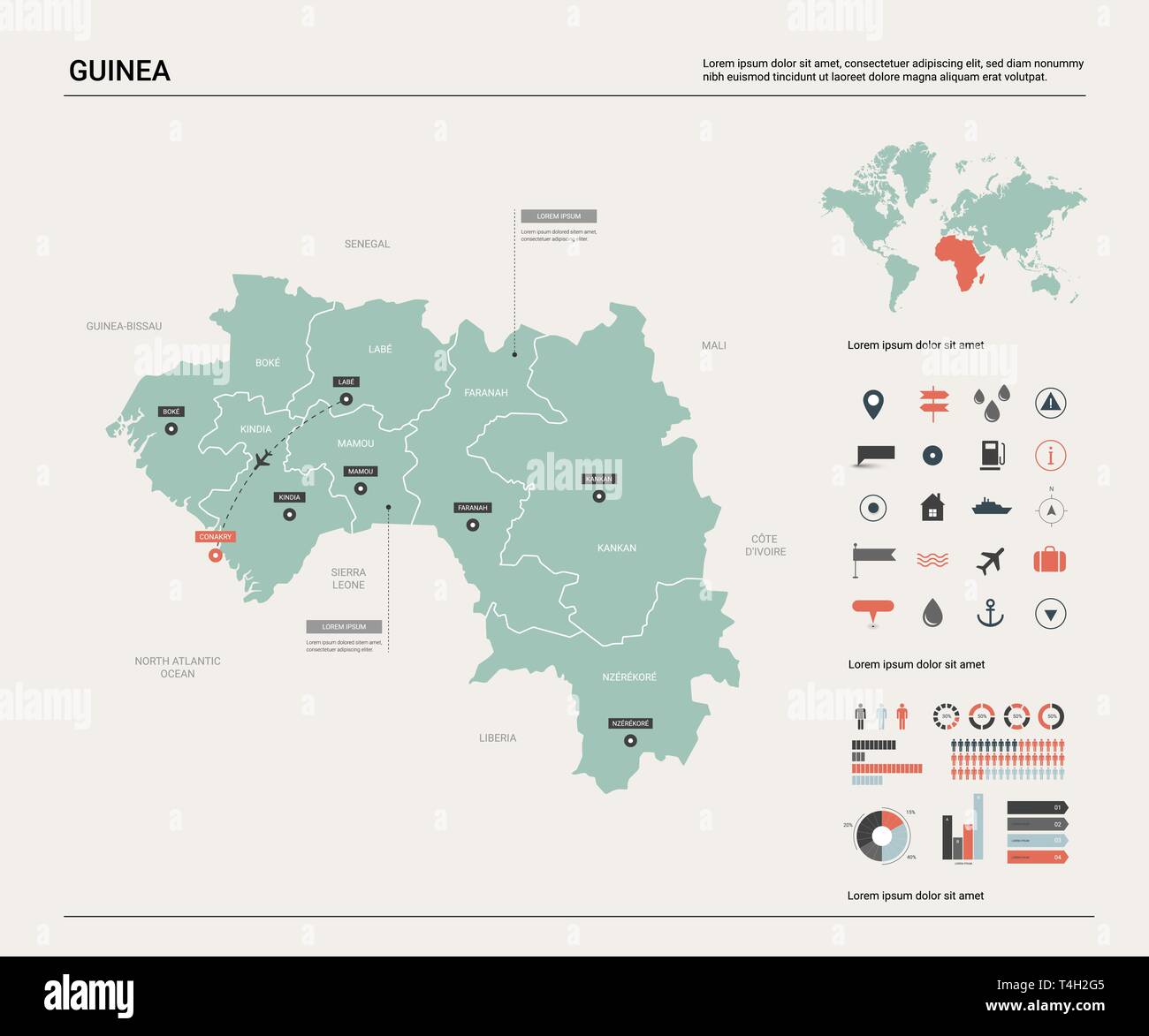 Mappa vettoriale della Guinea. Alta dettagliata mappa del paese con la divisione, la città e la capitale Conakry. Mappa politico, mappa del mondo, elementi infografico. Illustrazione Vettoriale