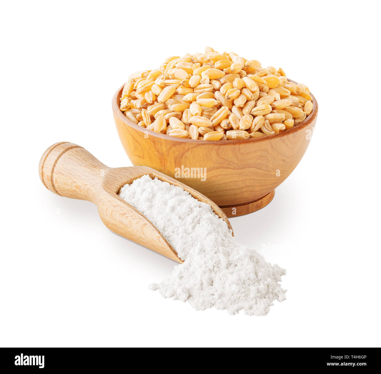 Farina di grano e grani isolati su sfondo bianco Foto Stock