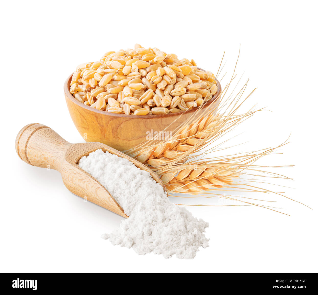 Farina di grano tenero di grani e orecchie isolato su bianco Foto Stock