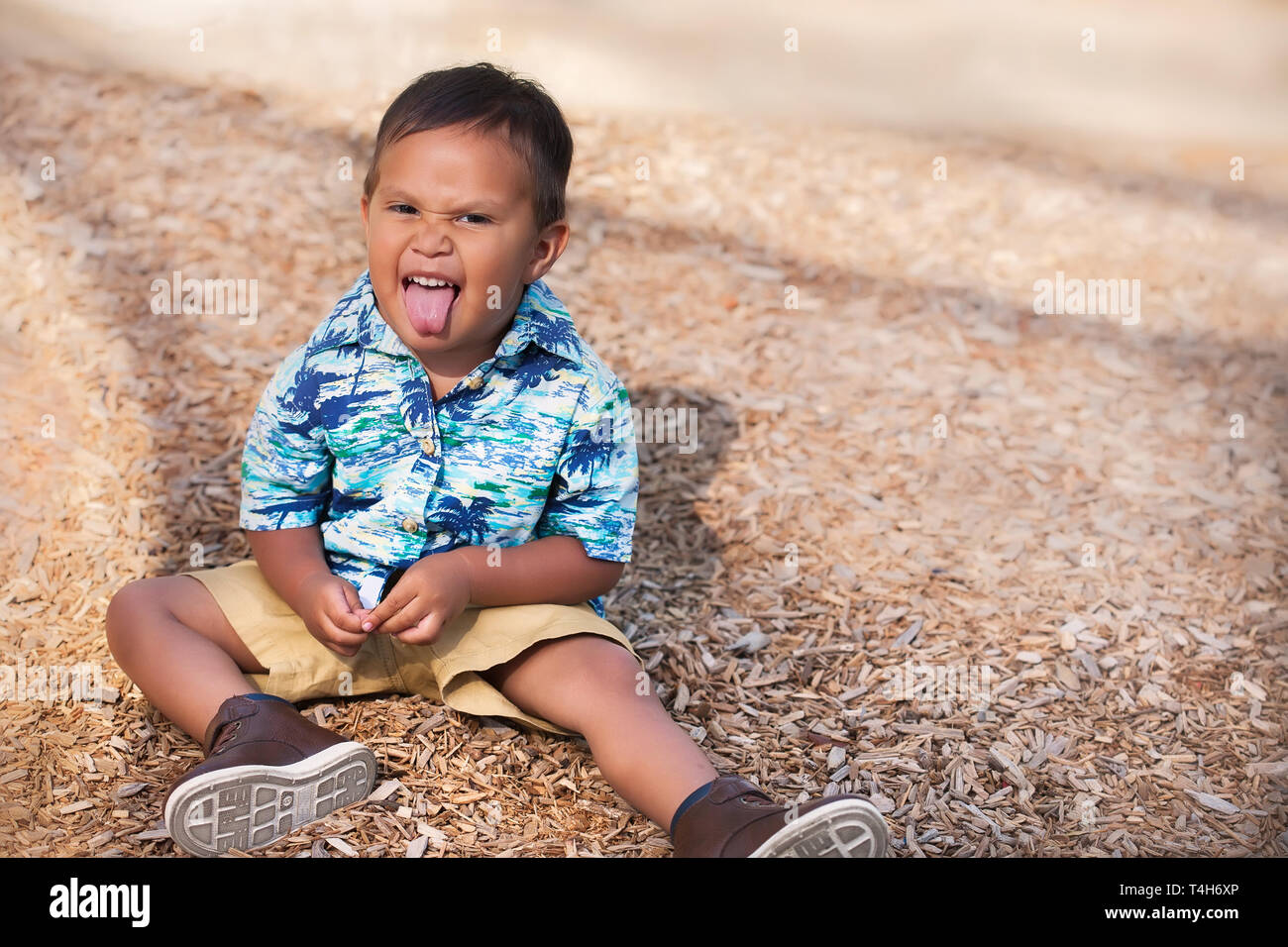 Un giocoso o maliziosa 2 anno vecchio ragazzo bloccato la sua lingua di effettuare un gesto del viso. Foto Stock
