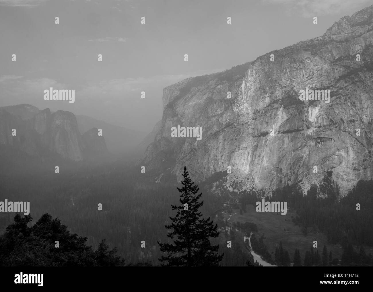 Un paesaggio in bianco e nero colpo di Yosemite Valley. Prese quando la wild incendi sono stati solo a chilometri di distanza dal parco e il fumo oggetto della foresta. Foto Stock