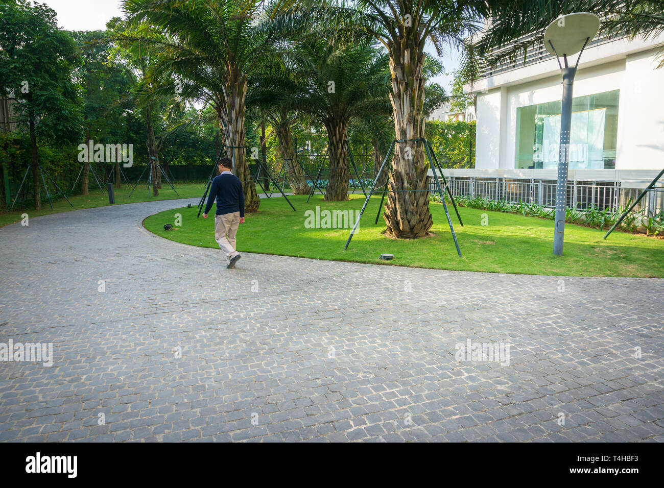 La camminata urbana strada tra verdi alberi all'interno moderno edificio di appartamenti area nella grande città Foto Stock