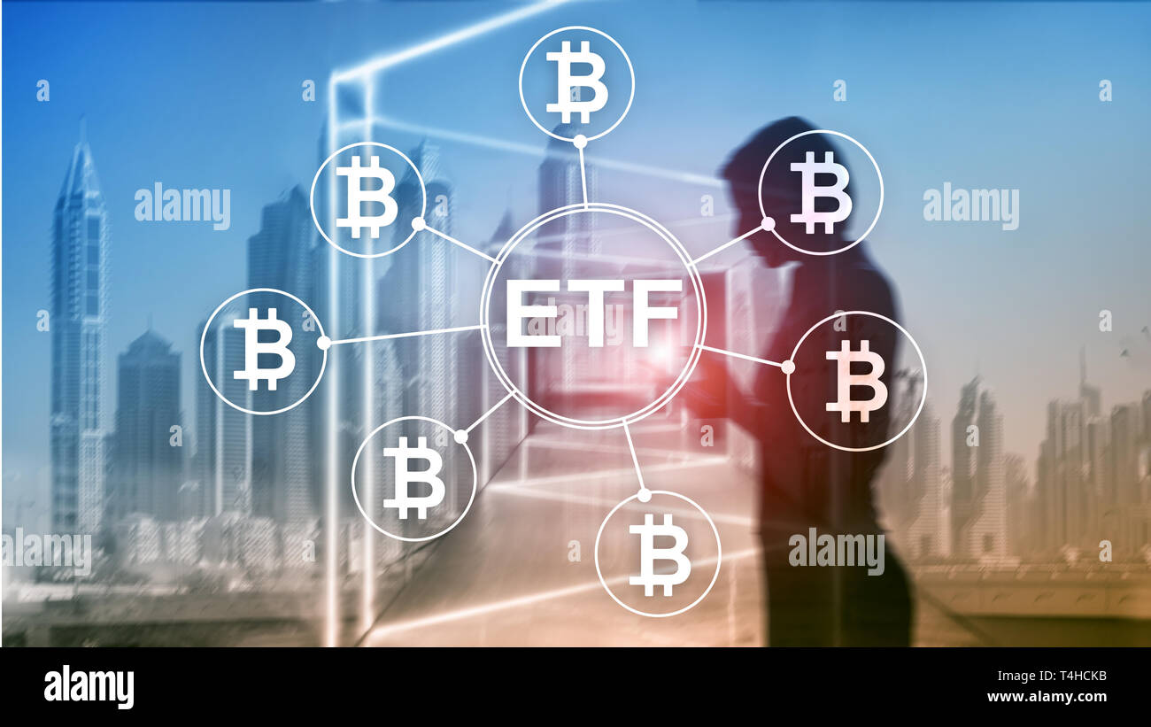 Bitcoin ETF cryptocurrency trading e concetto di investimento su doppia esposizione dello sfondo. Foto Stock