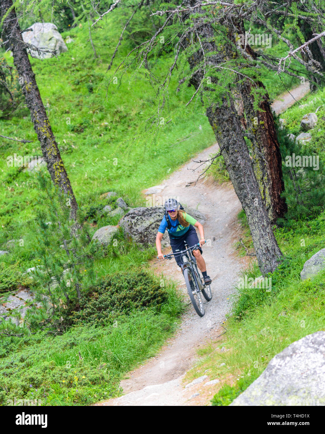 Mountainbiker moto dello sterzo su single trail Foto Stock