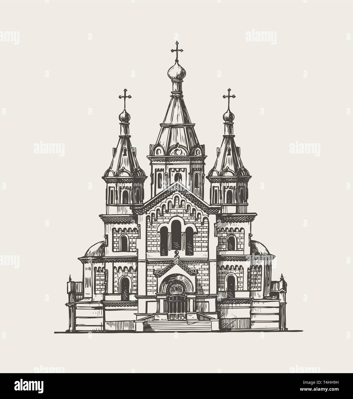 Disegnata a mano la chiesa edificio. Schizzo illustrazione vettoriale Illustrazione Vettoriale