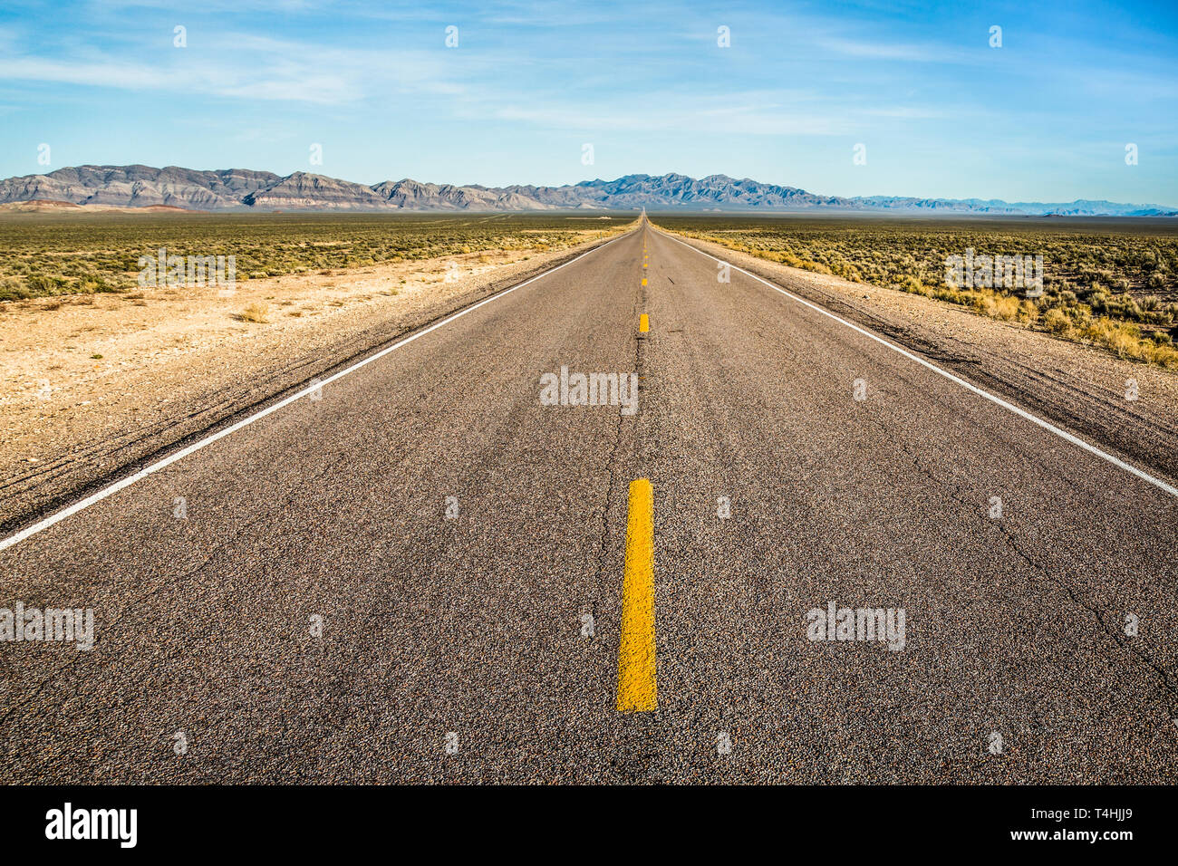 Linea tratteggiata gialla verso il basso la lunga e dritta strada statale attraverso il deserto del Nevada. Il Extraterrestrail autostrada vicino Area 51 è desolata e sterile. Foto Stock