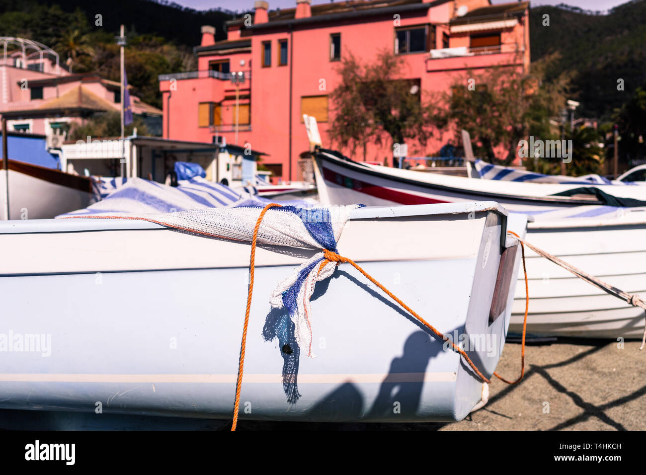 Una barca con un dettaglio fuori foucs nel porto di sccenic famoso villaggio di Manarola, Cinque Terre Liguria, Italia Foto Stock