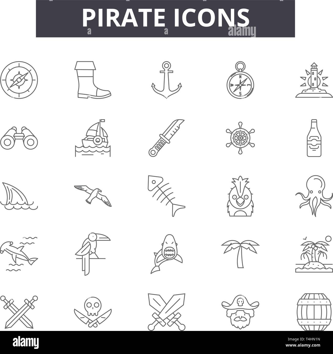 Linea pirata icone, set di segni, il vettore. Pirata concetto di contorno immagine: pirate,cranio,tesoro,isolato,nave,pericolo Illustrazione Vettoriale