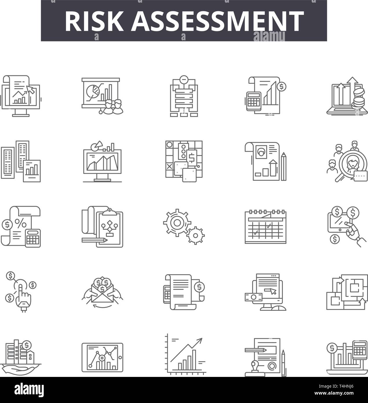 La valutazione dei rischi le icone della linea, set di segni, il vettore. Valutazione del rischio Concetto di contorno, illustrazione: rischio,valutazione,l'analisi,business,gestione, controllo Illustrazione Vettoriale