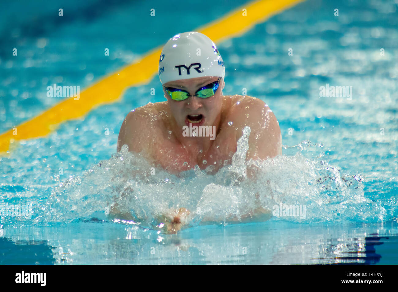 Ross Murdoch (Università di Stirling) in azione durante gli uomini aperto 100 metri rana finale, durante il giorno 1 del 2019 British Nuoto Campionati, a Tollcross International centro nuoto. Foto Stock