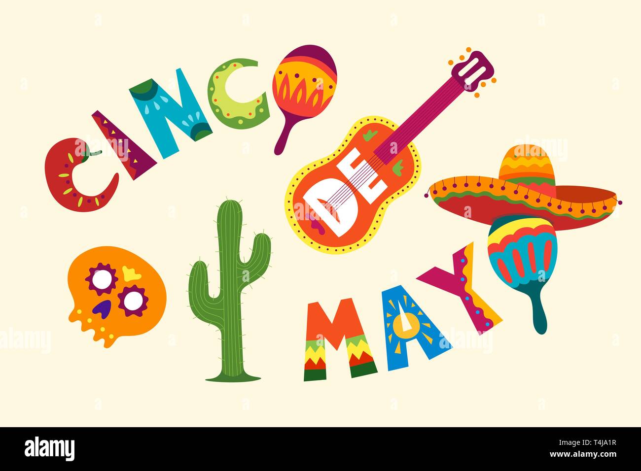 Vacanza messicana 5 maggio celebrazione di Cinco De Mayo. Bella illustrazione vettoriale con il cartoon Design modello. Tradizionale in America Latina simboli divertenti s Illustrazione Vettoriale