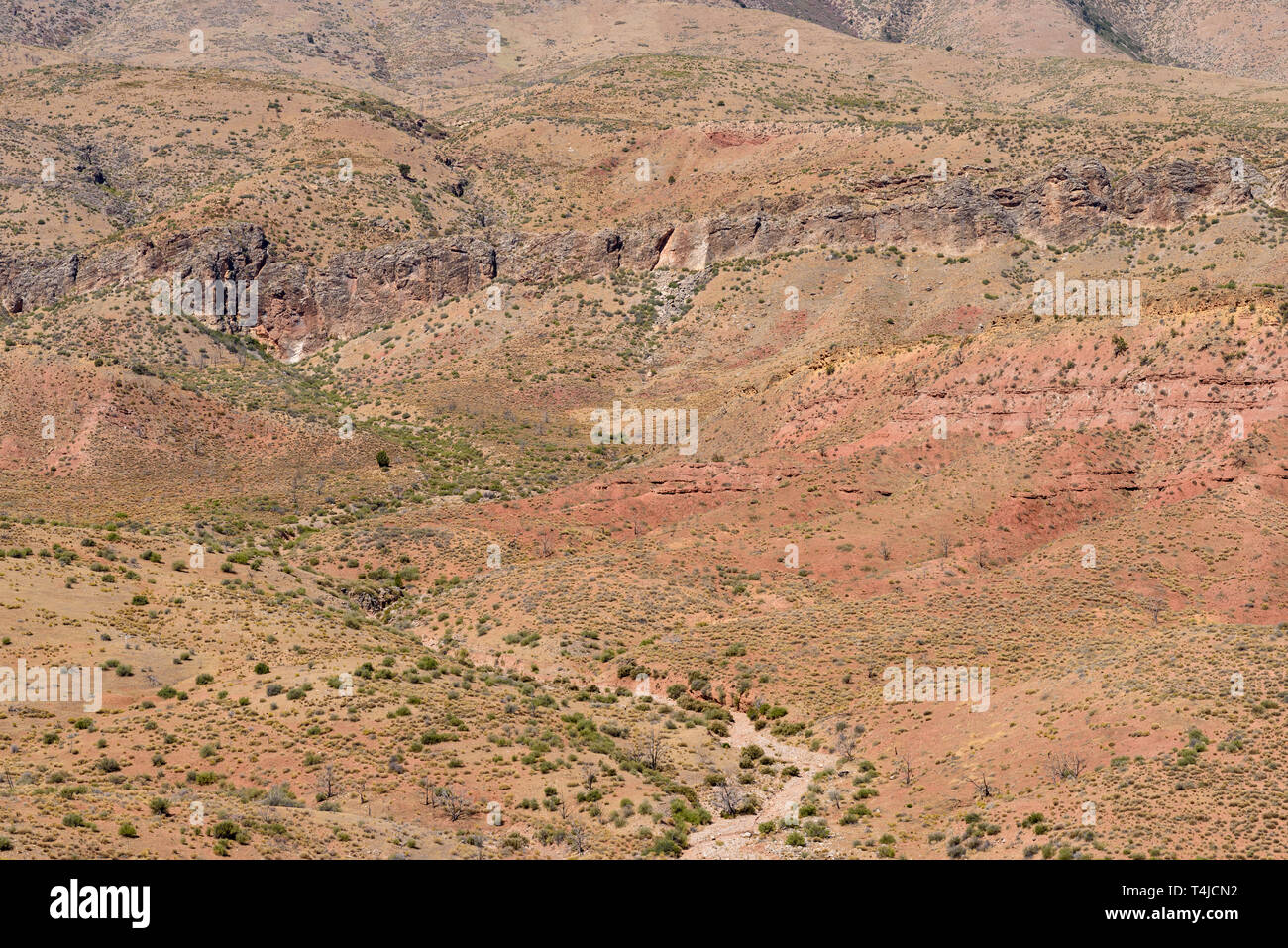 Guardando verso il basso in una vallata desertica con lavaggio a secco e colorati di suolo e ripide montagne rocciose al di là. Foto Stock