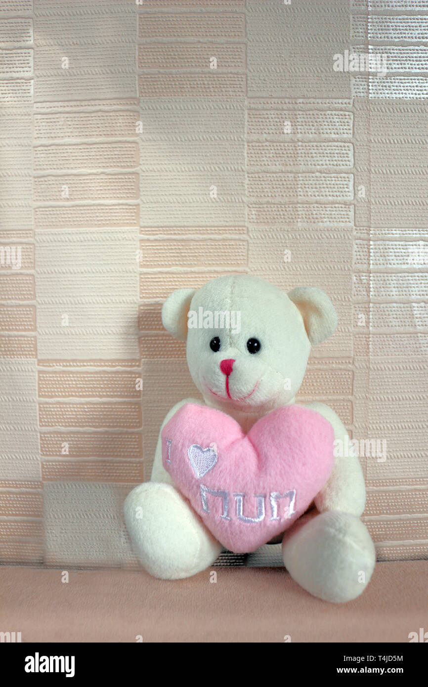 Un orsacchiotto di peluche con un cuore dicendo io amo mamma su di esso per la Festa della mamma Foto Stock