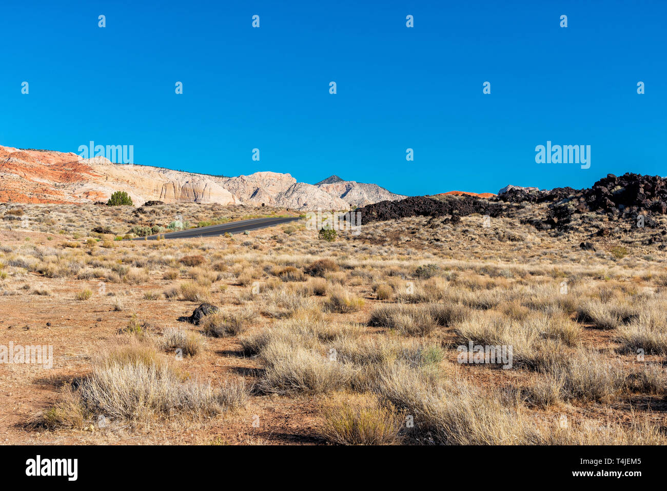 Cielo azzurro sopra con orang bianco montagne di arenaria, scuro colline rocciose e morire nel deserto sotto la spazzola. Foto Stock