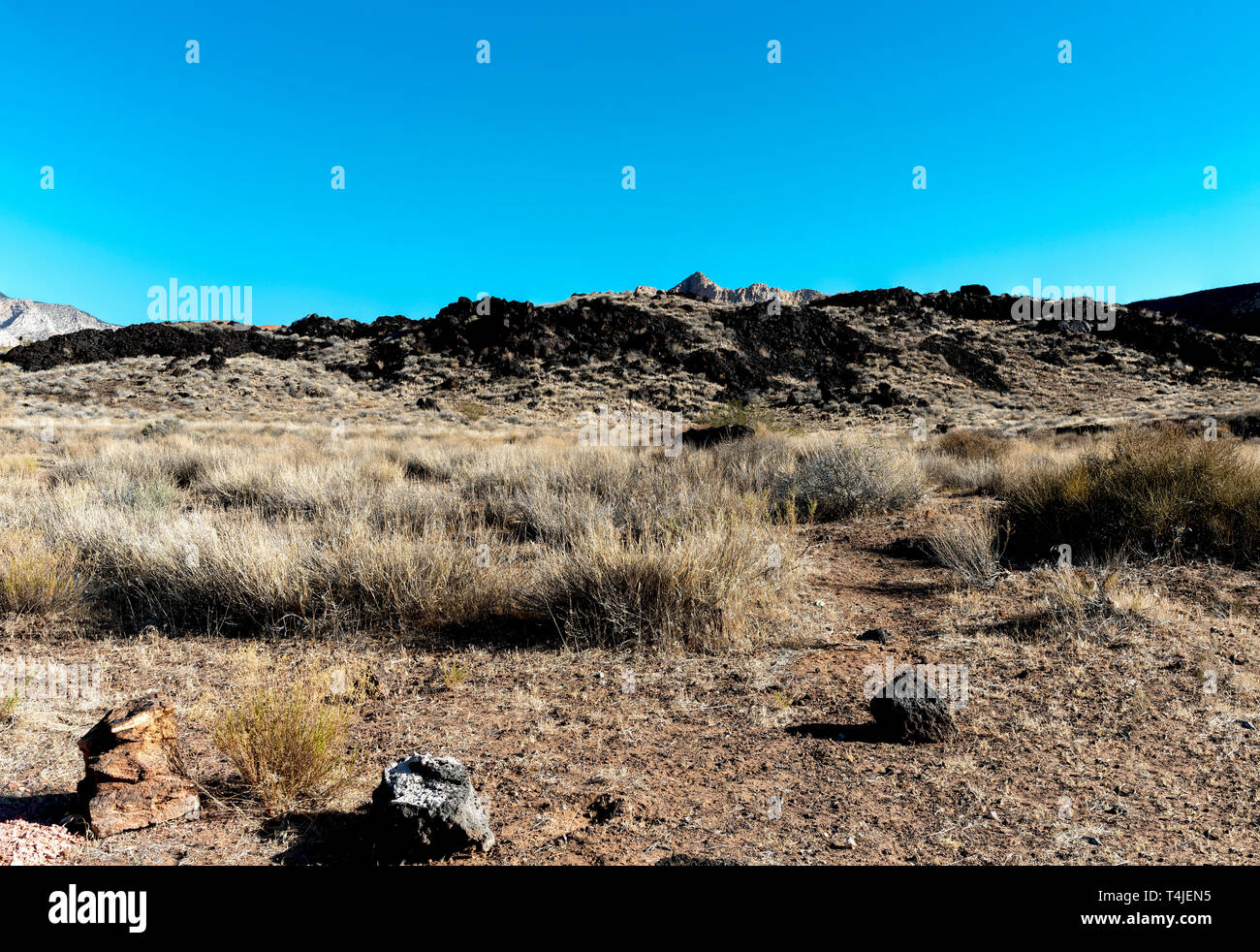 Rocce di grandi dimensioni, deserto secco e sporco spazzola morto dare strada al buio colline rocciose. Foto Stock