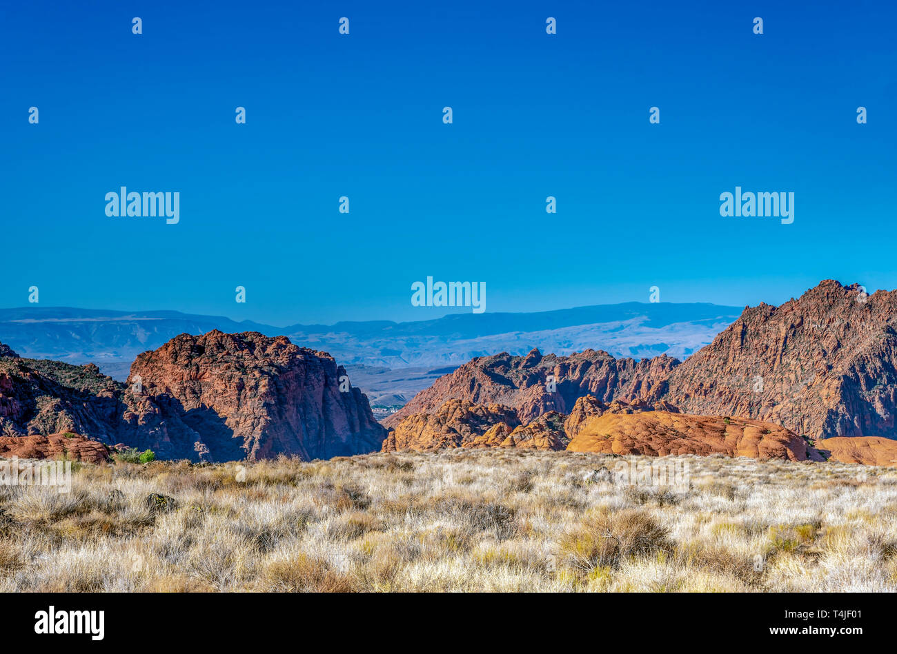 Backcountry deserto di campi con cespugli di morti e spazzola, ripide e frastagliate colline rocciose e montagne sotto un cielo blu. Foto Stock