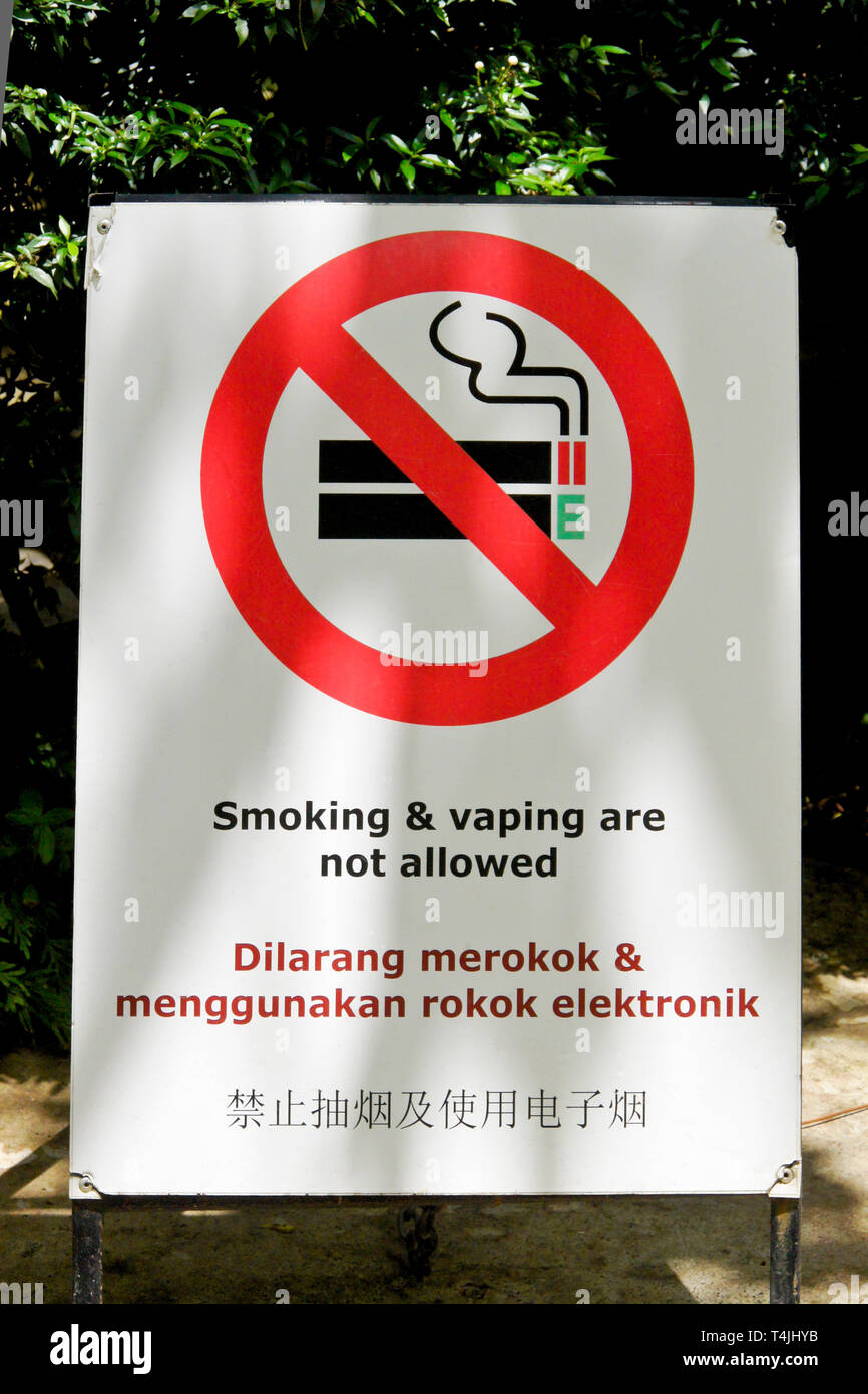 Sign in tre lingue (inglese, malese e cinese) che vietano di fumare e vaping Foto Stock