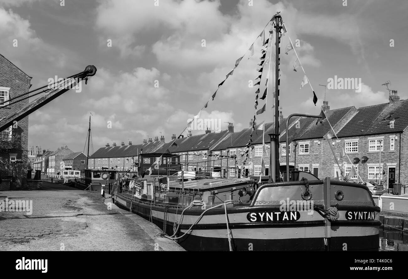 Ripristinato River Barge, Syntan, dipinta di fresco e adornato con bandiere per il suo settantesimo compleanno ormeggiato sul Beck, Beverley, Regno Unito. Foto Stock