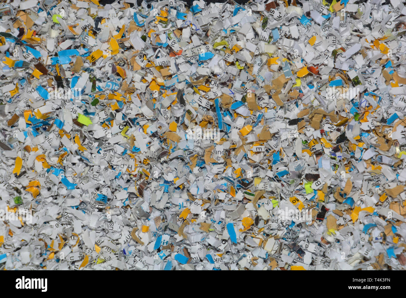 Documenti di trinciato vista dall'alto in dettaglio, protezione dei dati e sicurezza delle informazioni in tema con i documenti confidenziali distrutto in una trinciatrice in primo piano Foto Stock
