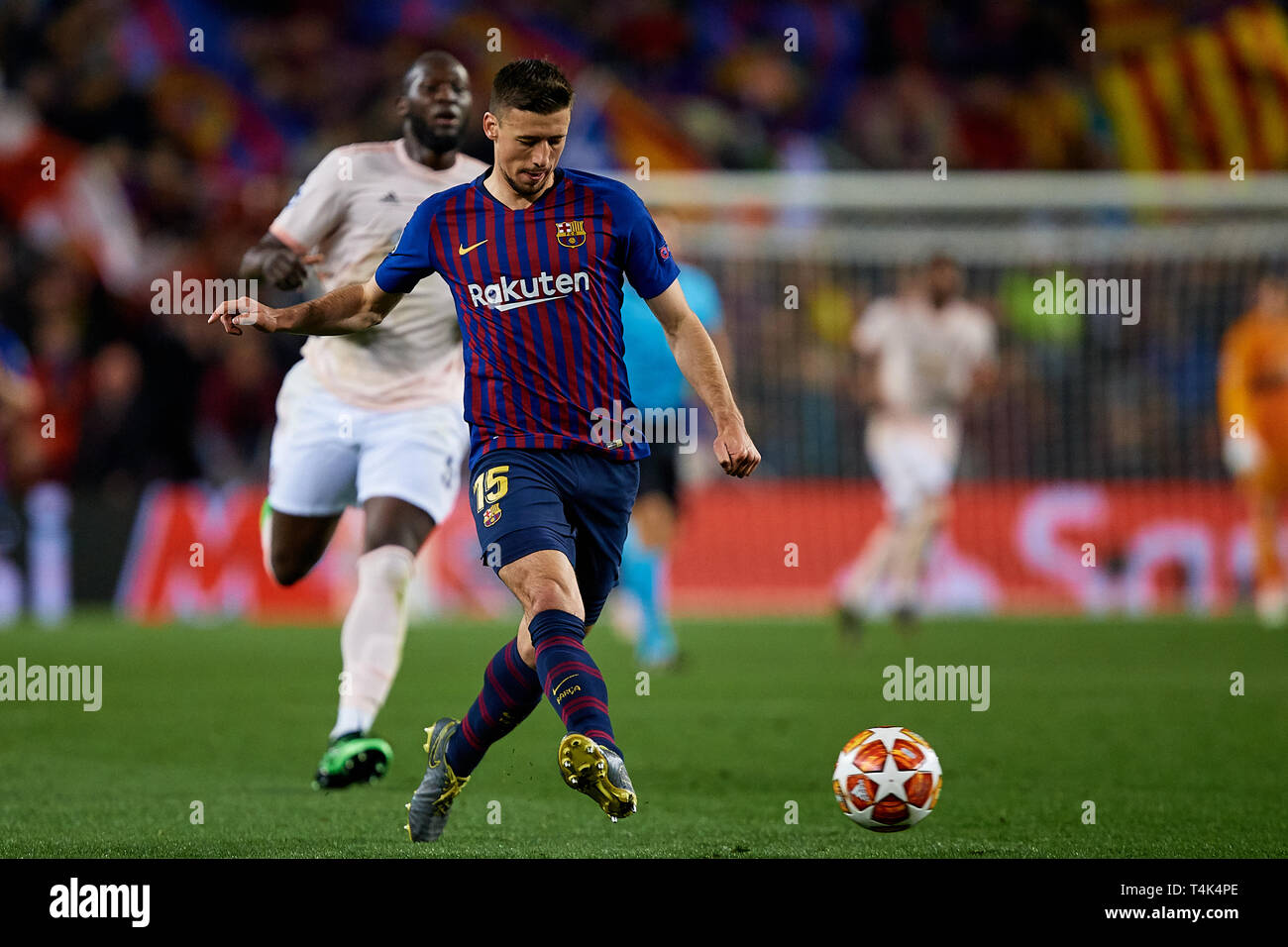 Barcellona, Spagna - 16 aprile: Clemente Lenglet del FC Barcelona in azione durante la UEFA Champions League quarti di finale della seconda gamba match tra FC Barcelona e Manchester United al Camp Nou il 16 aprile 2019 a Barcellona, Spagna. (Foto di David Aliaga/MB Media) Foto Stock