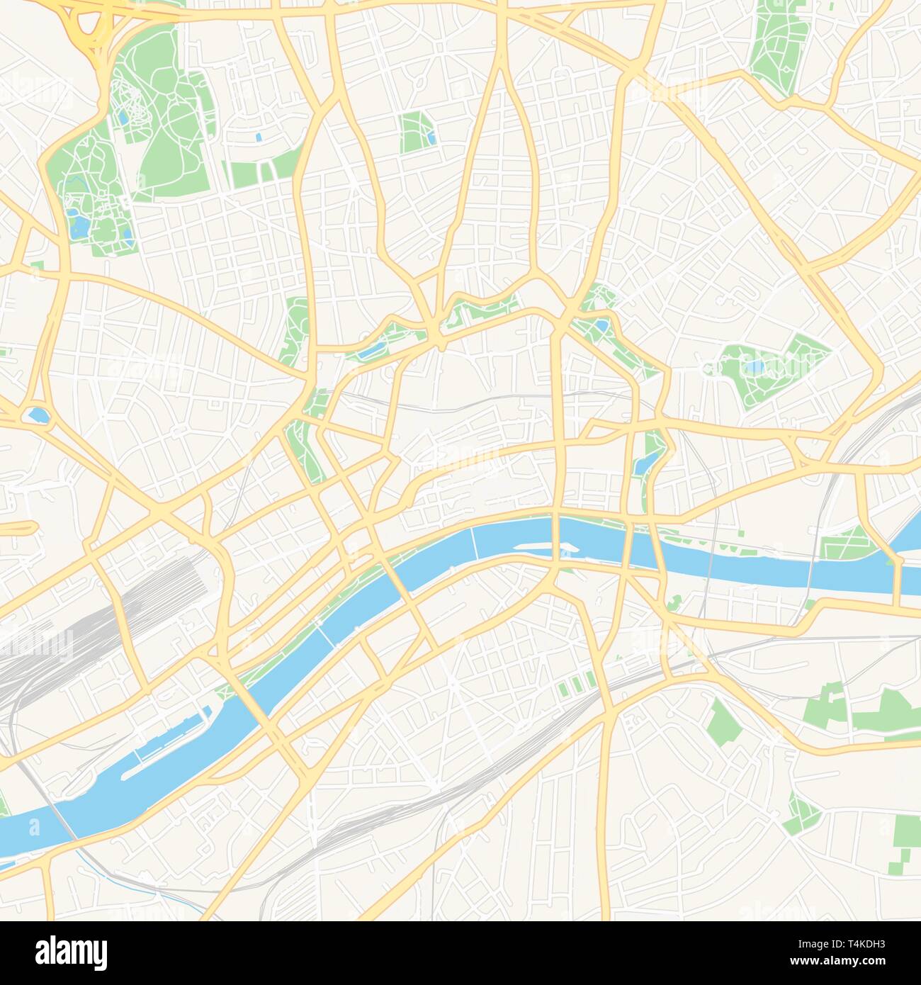 Mappa stampabile di Frankfurt am Main, Germania con strade principali e secondarie e ferrovie più grandi. Questa mappa è stato accuratamente progettato per routing e immissione Illustrazione Vettoriale