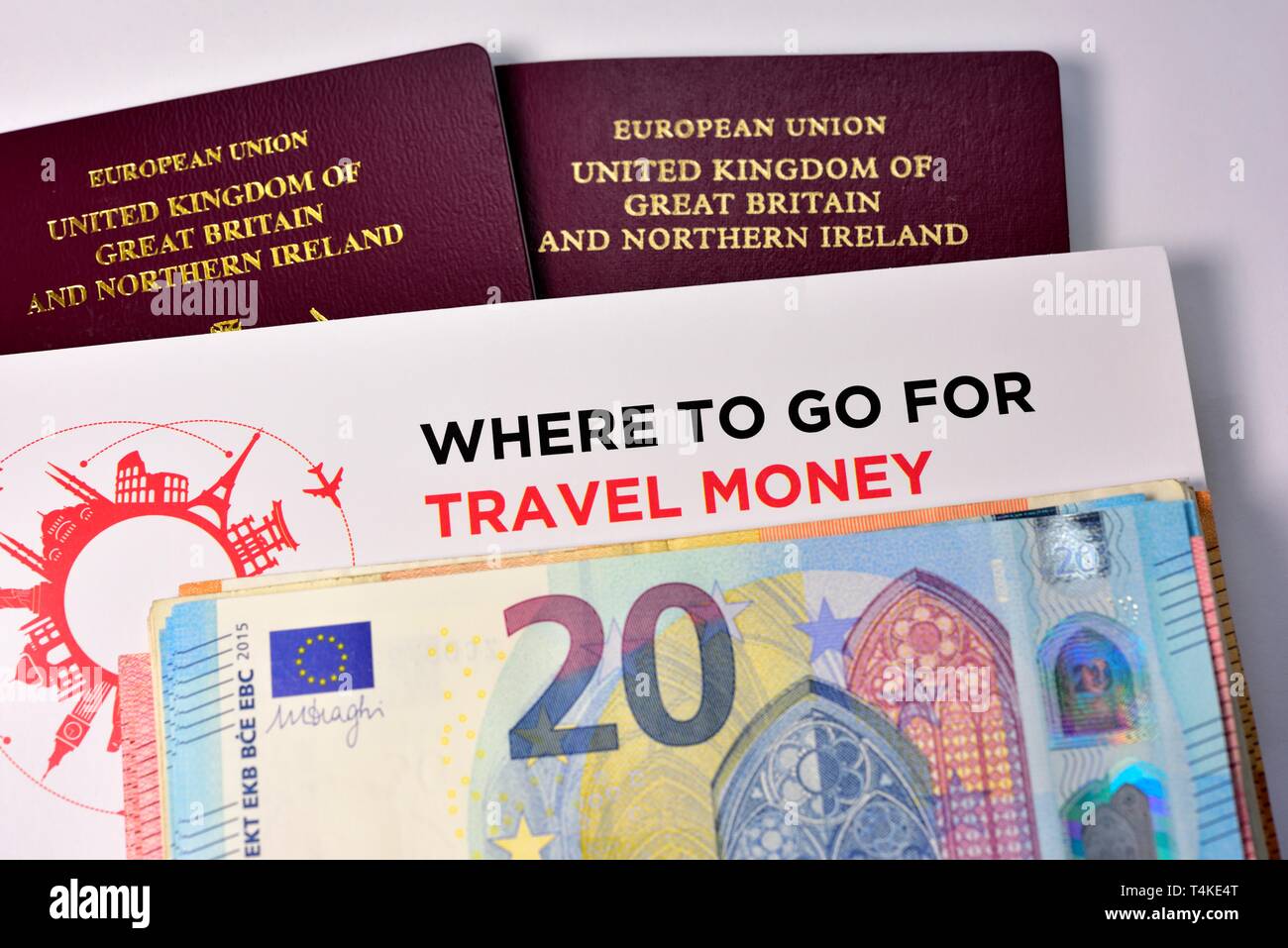 Denaro da viaggio concetto,passaporto britannico, Foto Stock