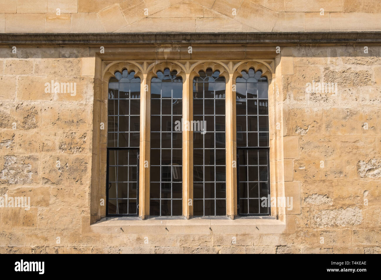 Finestra e muratura in pietra particolare della Torre dei cinque ordini che è l'entrata principale per la Libreria di Bodleian, parte dell università di Oxford, Oxford, Regno Unito Foto Stock