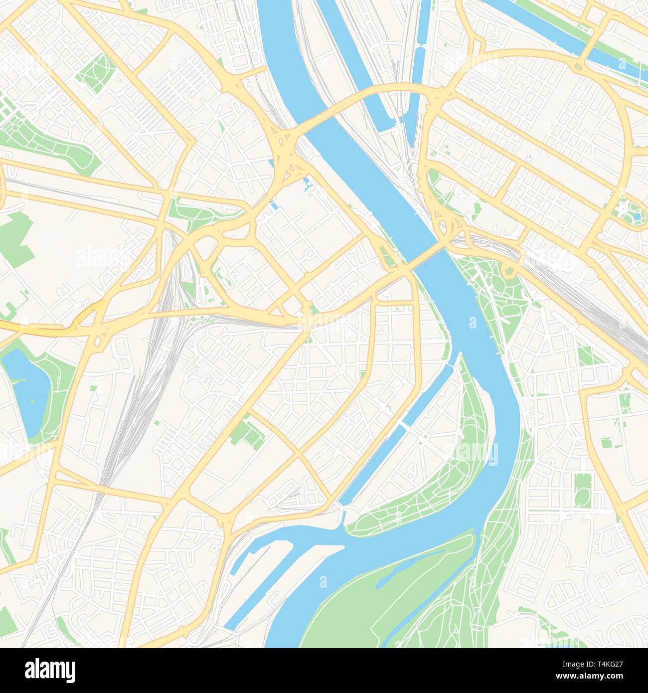 Mappa stampabile di Ludwigshafen am Rhein, Germania con strade principali e secondarie e ferrovie più grandi. Questa mappa è stato accuratamente progettato per routing e plac Illustrazione Vettoriale