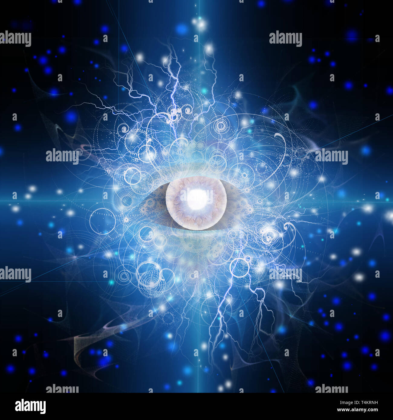 Il design dell'occhio. Incandescente stelle su sfondo blu Foto Stock