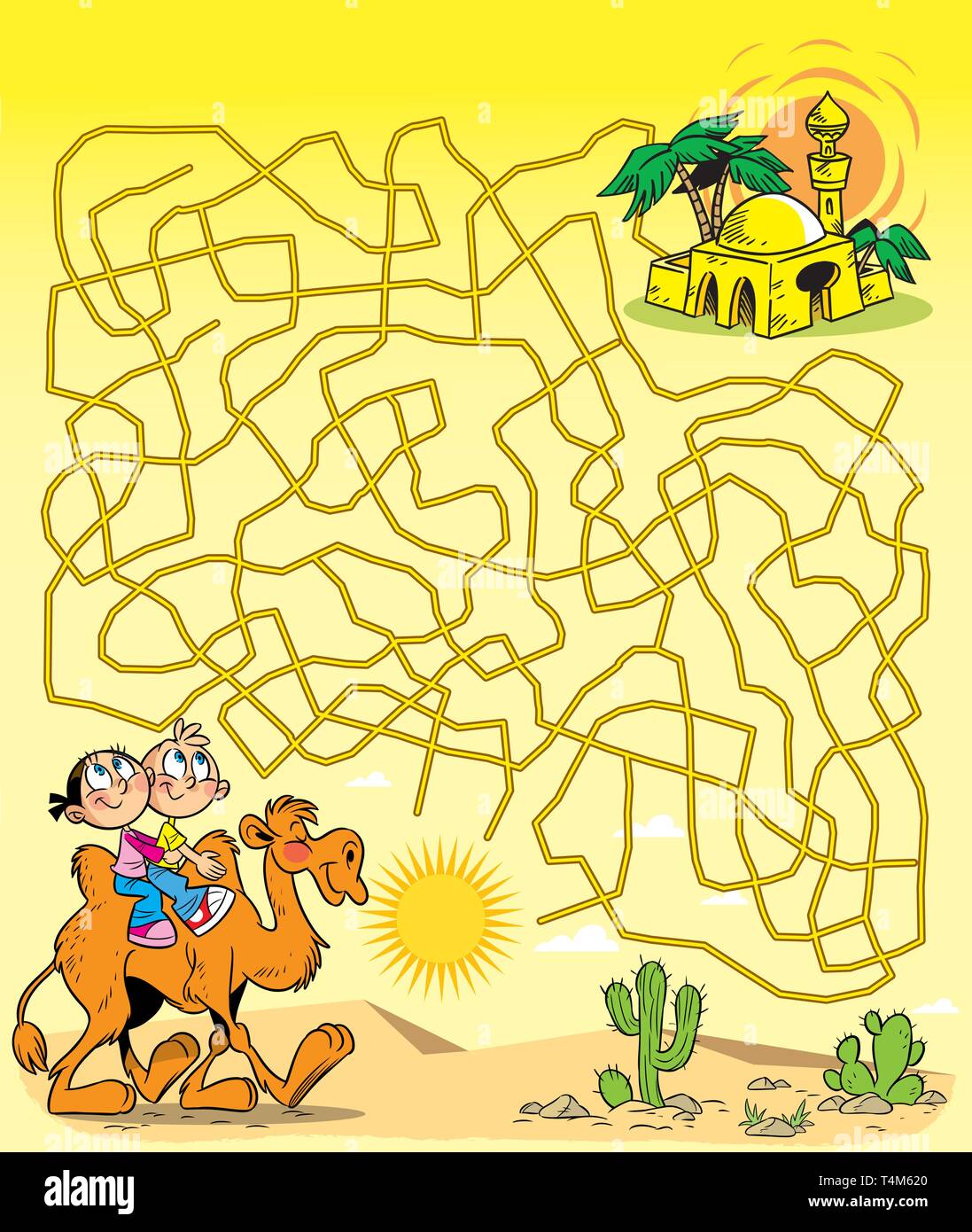 In illustrazione vettoriale, un puzzle con i bambini su un cammello, che deve trovare un modo per un oasi in un labirinto Illustrazione Vettoriale