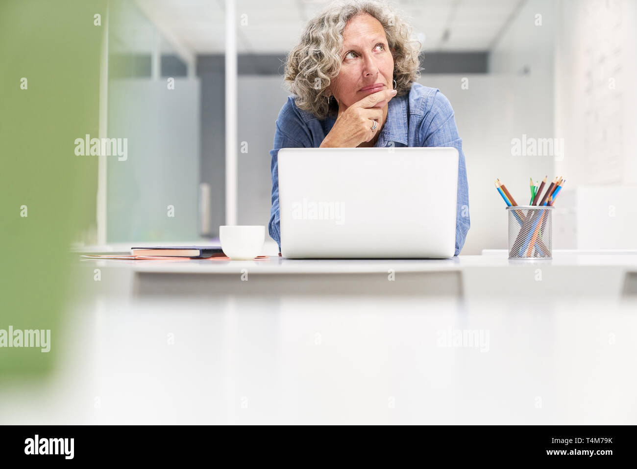 Senior con esperienza come business donna lavora su computer portatile durante la pianificazione del progetto Foto Stock