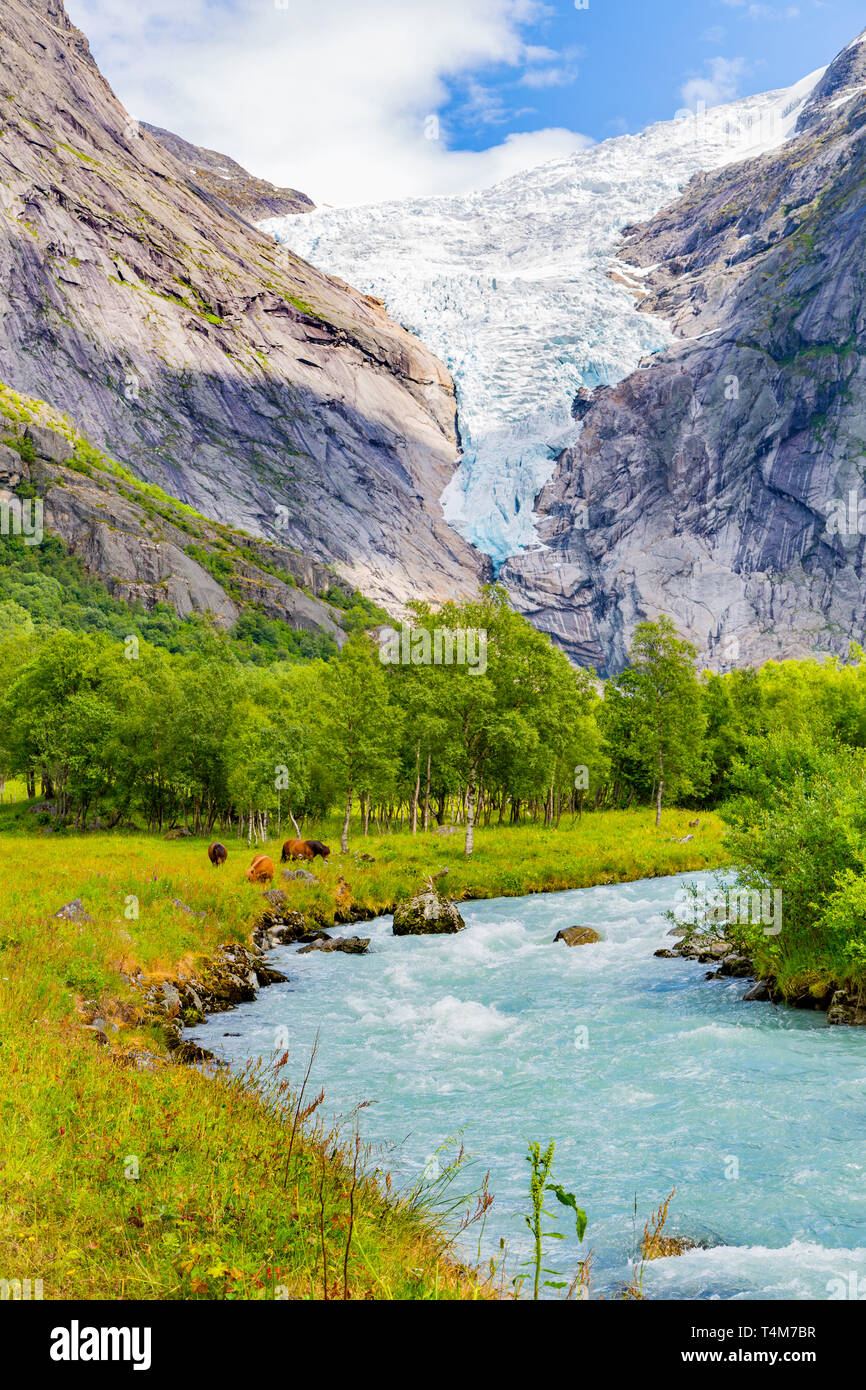 Paesaggio con fiume vicino ghiacciaio Briksdalsbreen Foto Stock