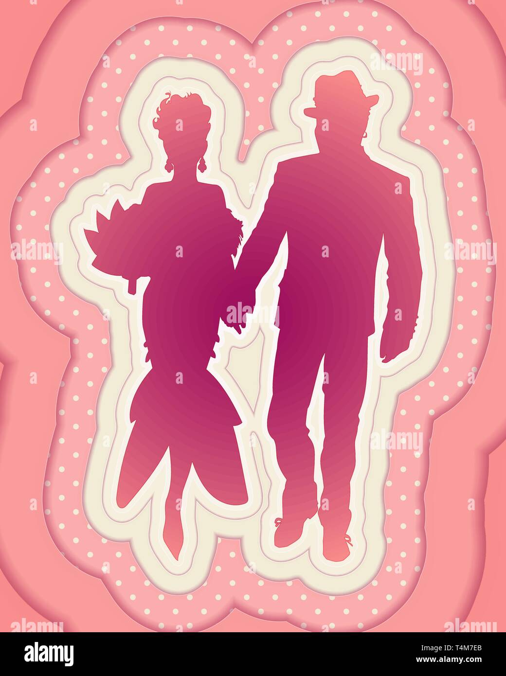 Illustrazione decorativi in stile di taglio della carta. Raffigura la silhouette di un elegante giovane in sera usura. Donna e uomo andare tenendo le mani. Illustrazione Vettoriale