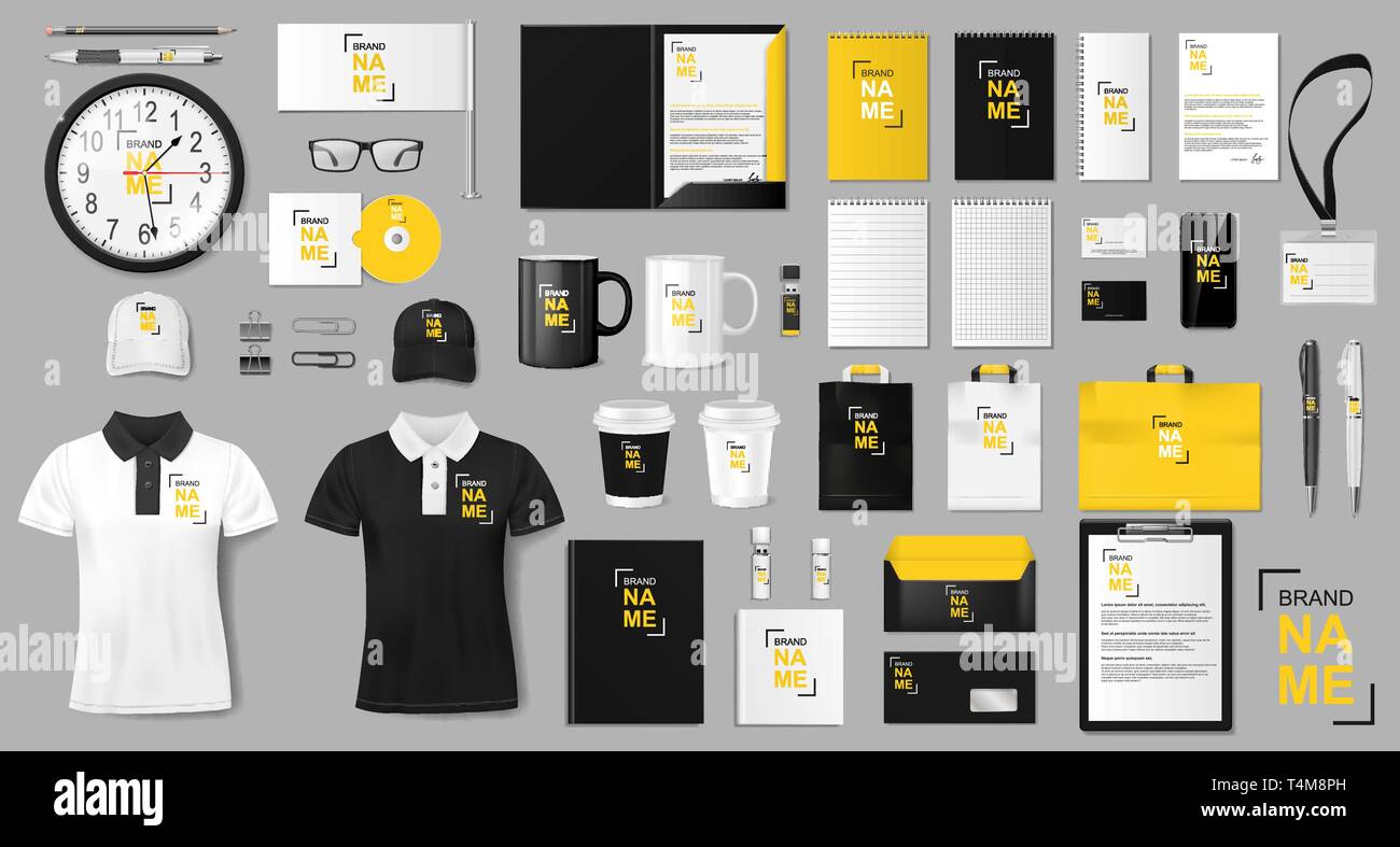 Corporate identity design modello. Golden realistica e nero di cancelleria per ufficio mockup per negozio. Articoli di cancelleria e uniforme della carta, pack, pacchetto per Illustrazione Vettoriale