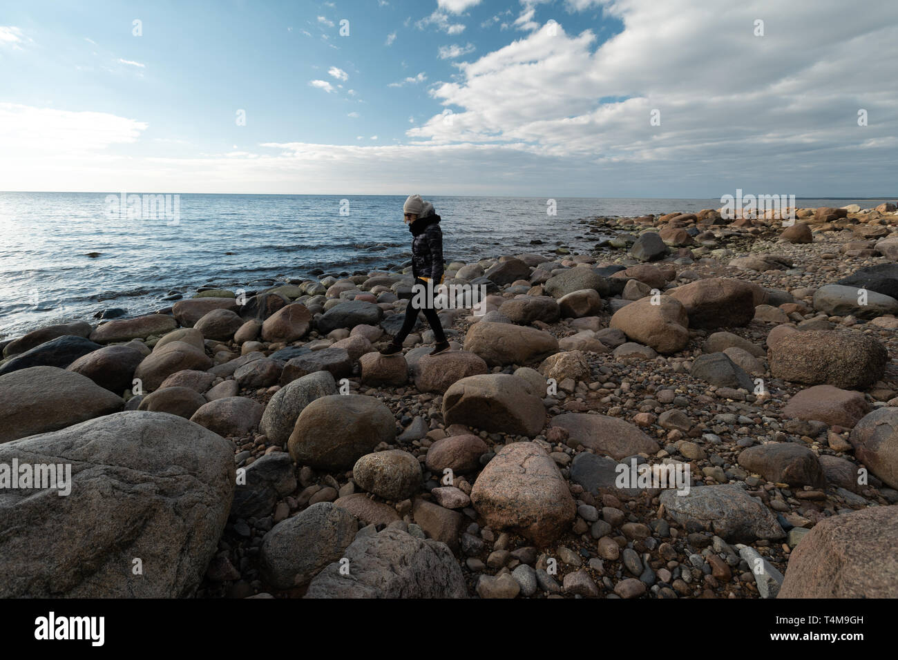 Giovane archeologa su una spiaggia di Boulder cercando rocce esotici su una linea costiera del Mar Baltico Foto Stock