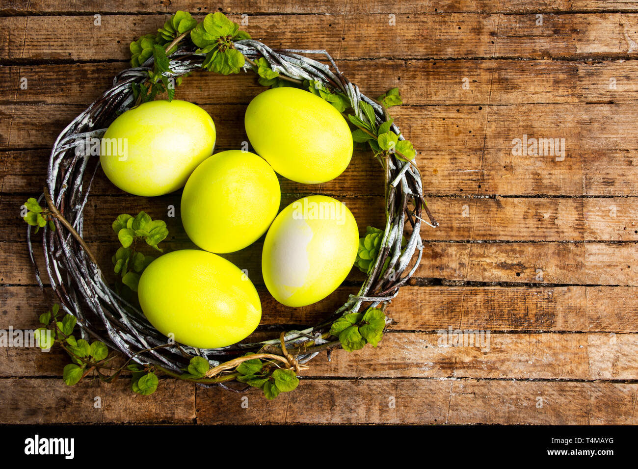 Giallo di uova di Pasqua e la primavera sbocciano i fiori fiori vista superiore Foto Stock