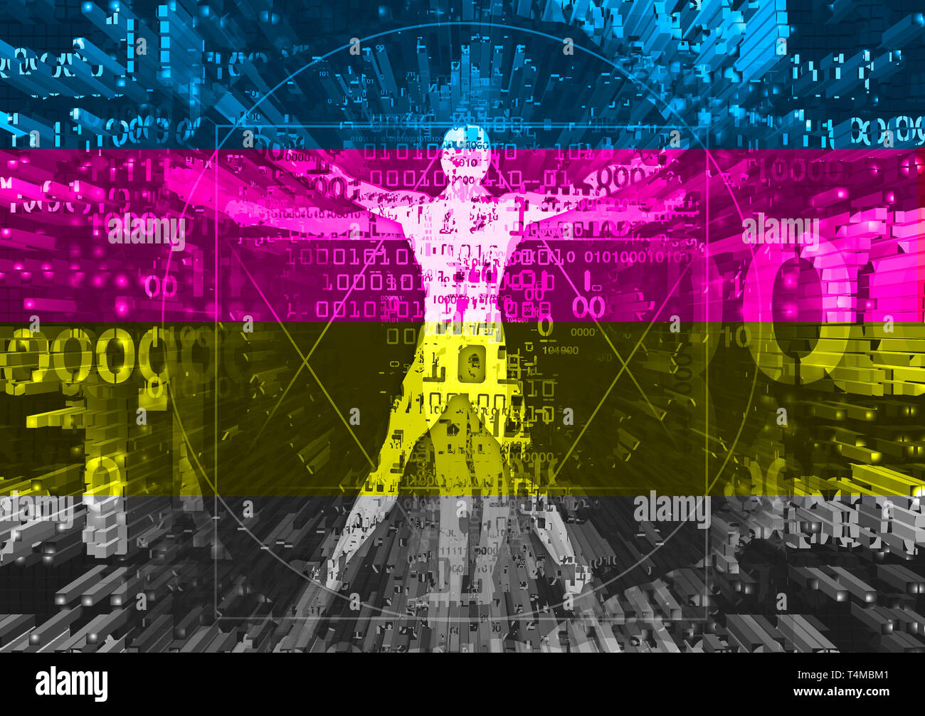 L'uomo vitruviano nell esplosione di dati di computer e stampare i colori delle strisce. Il futuristico illustrazione dell'uomo vitruviano con codici binari simboleggiato digital Foto Stock