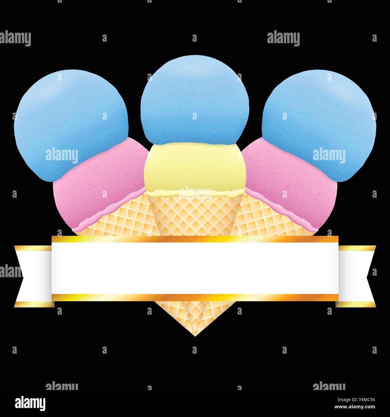 Estate elemento di decoro. Tre gelati con oro luccicante nastro. Rosa e blu convogliatore in fette di dolce, nero su sfondo isolato. Spazio per il te Illustrazione Vettoriale