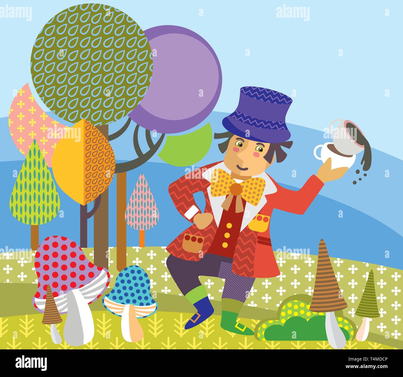 Decorative colorate immagine vettoriale Mad Hatter con tazza di tè danzante in foresta. Alice nel Paese delle Meraviglie - carattere fictional, vettore cartoon illustra piatta Illustrazione Vettoriale