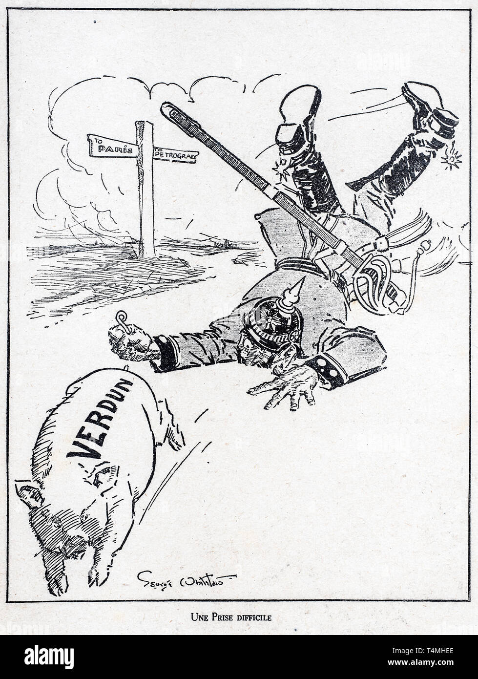 Une Prise difficile, WW1 caricatura da illustrator George Whitelaes mostra tedesco Kaiser Wilhelm II a caccia di suino in campo di battaglia di Verdun Foto Stock