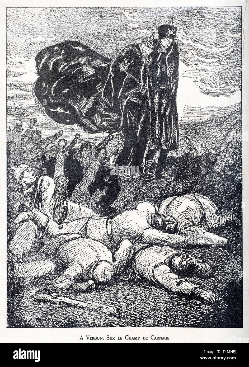 Sur Le Champ de Carnage, WW1 caricatura da illustrator Rata Langa mostra tedesco Corona prussiano principe / Kronprinz Wilhelm von Preußen e Kaiser Wilhelm II camminando tra soldati uccisi sul campo di battaglia di Verdun Foto Stock