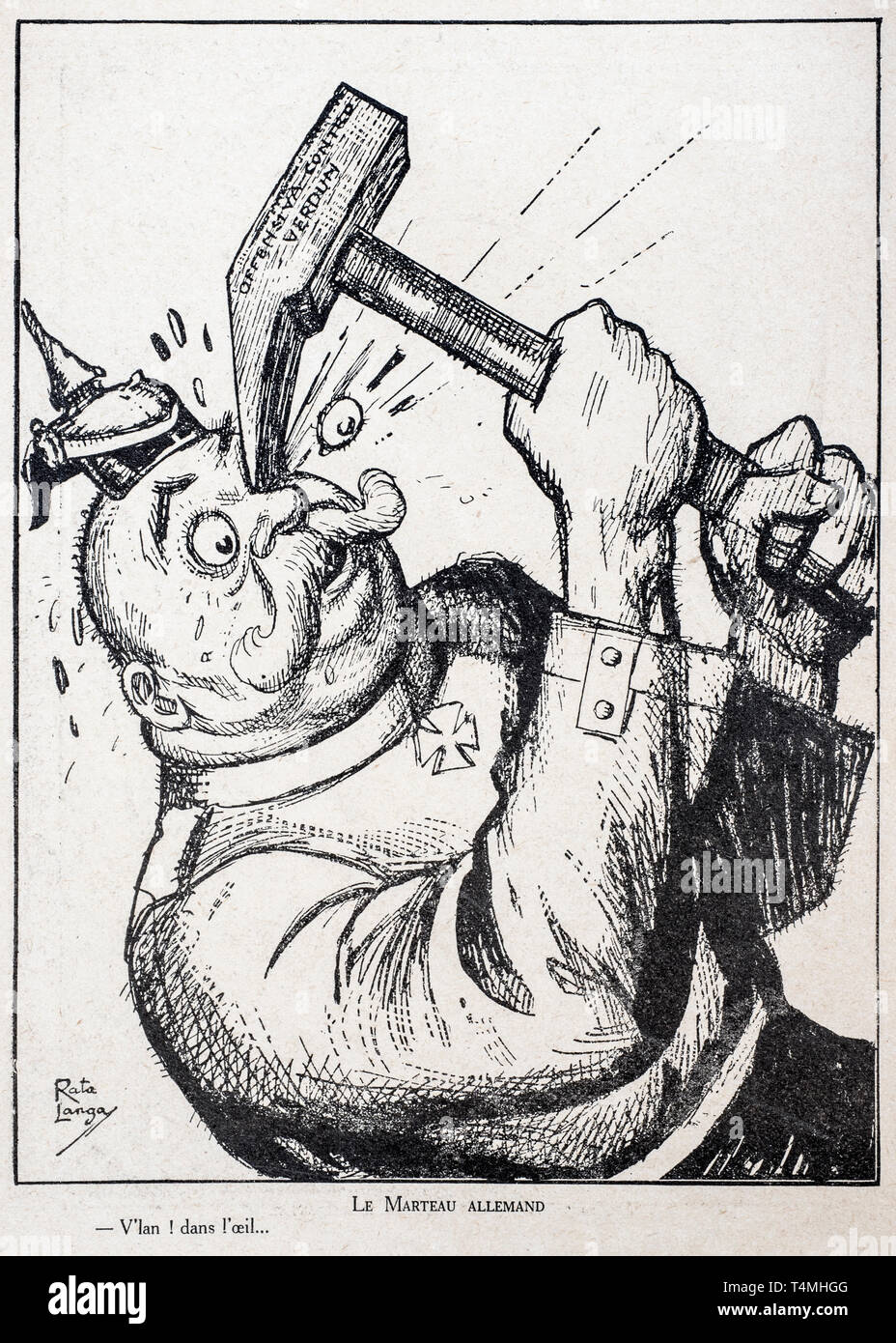 Le Marteau Allemand, WW1 caricatura di illustratore italiano Rata Langa mostra tedesco Kaiser Wilhelm II colpendo in se stesso il volto con il martello di Verdun Foto Stock