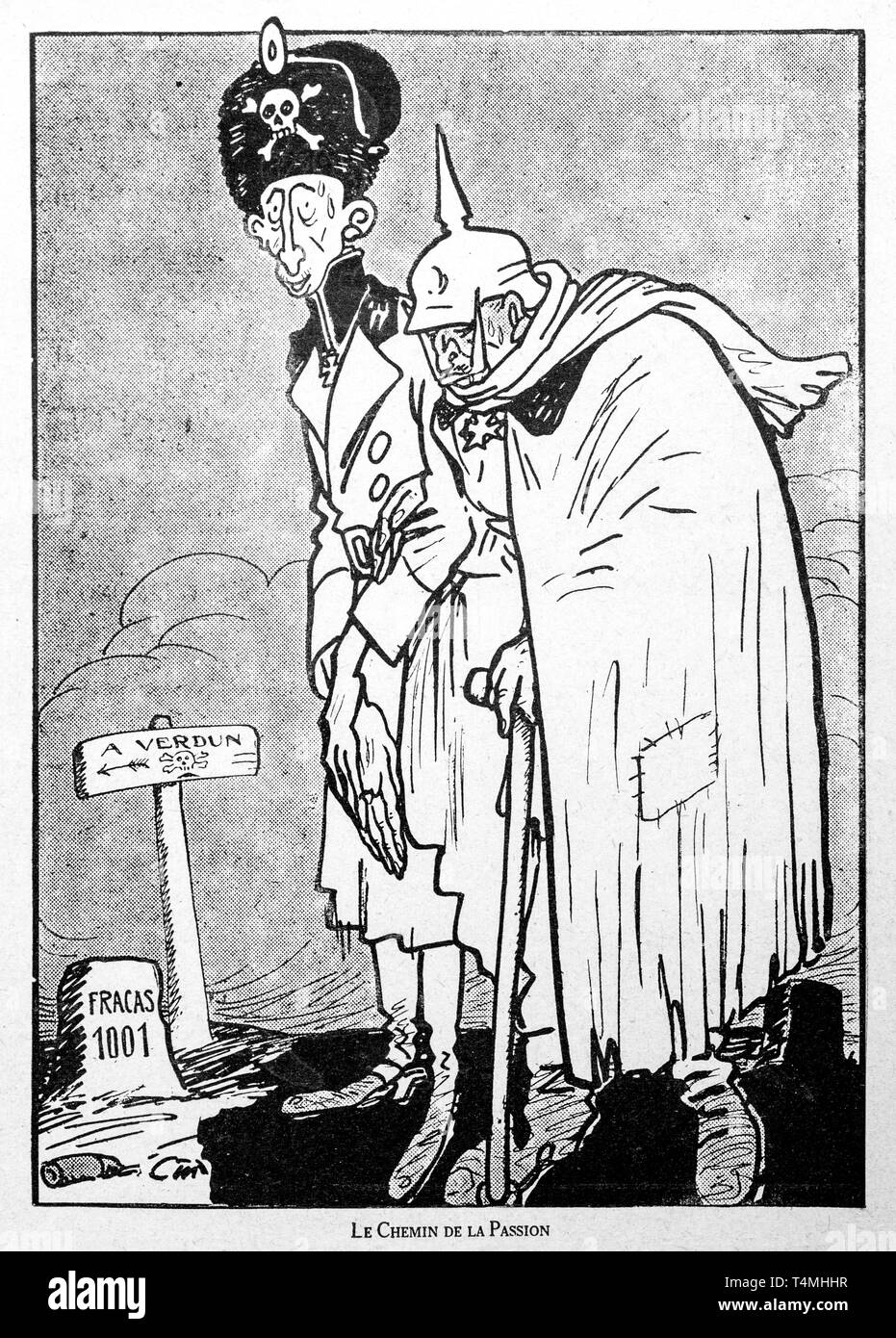 Le Chemin de la passione, WW1 caricatura mostra tedesco Corona prussiano principe / Kronprinz Wilhelm von Preußen e Kaiser Wilhelm II a piedi verso il campo di battaglia di Verdun Foto Stock