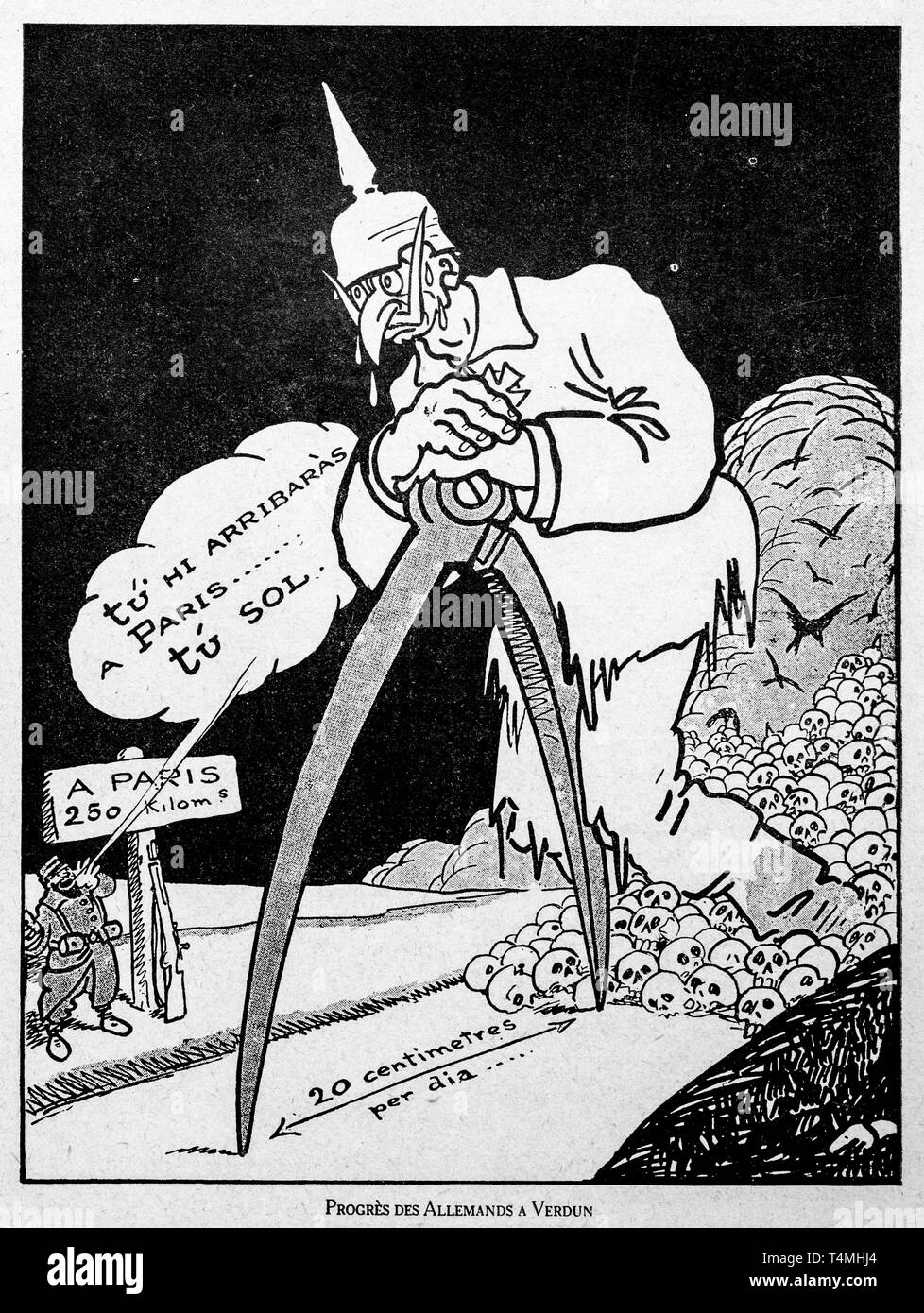 Progrès des Allemands à Verdun, WW1 caricatura che mostra il Kaiser Guglielmo II la misura con la bussola la progressione dell'esercito tedesco a fronte di Verdun in Francia Foto Stock