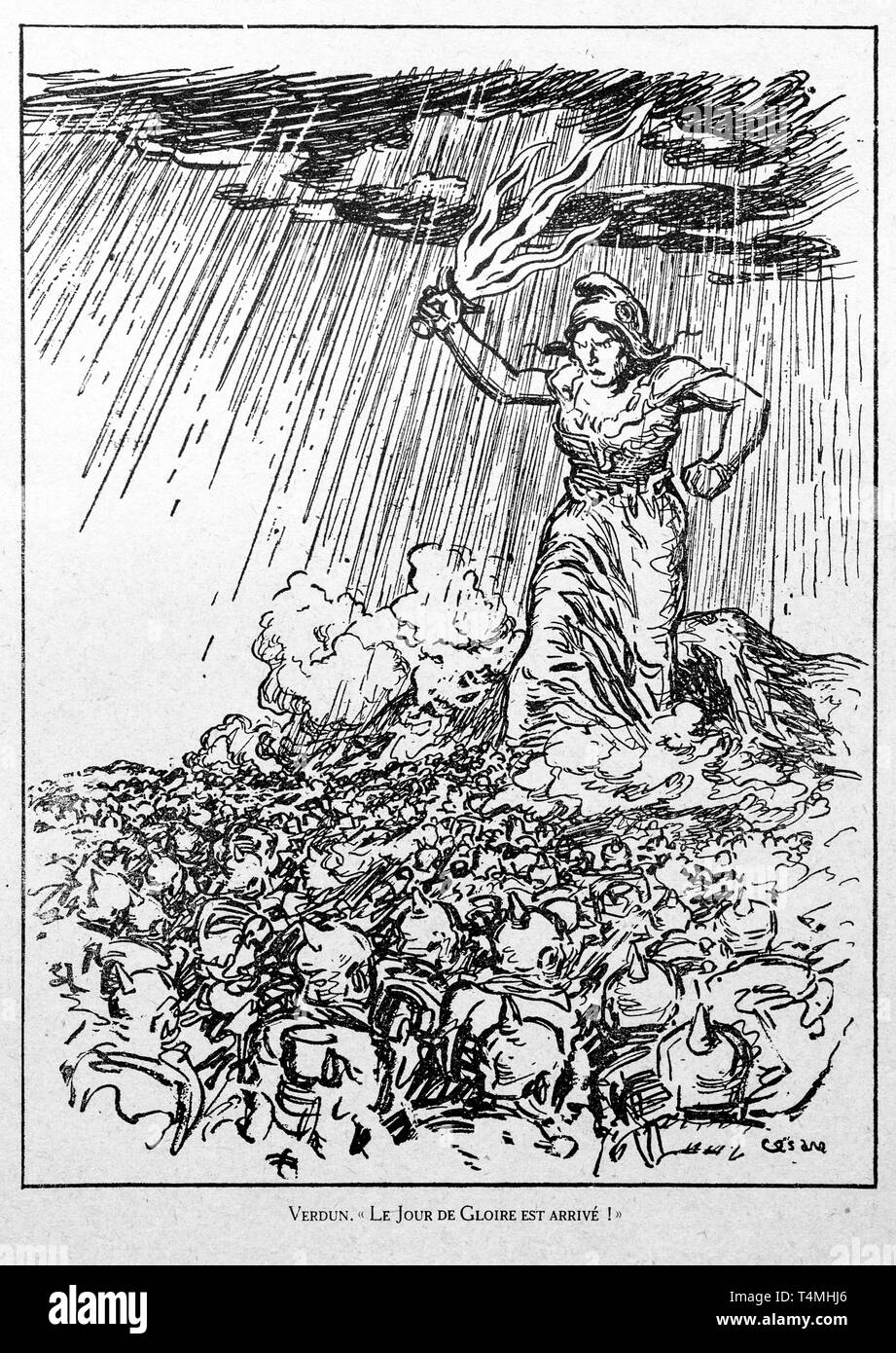 Verdun. Le Jour de Gloire est Arrivé, WW1 caricatura da illustrator Cesare mostra Marianne, simbolo nazionale della Repubblica francese presso il campo di battaglia di Verdun Foto Stock