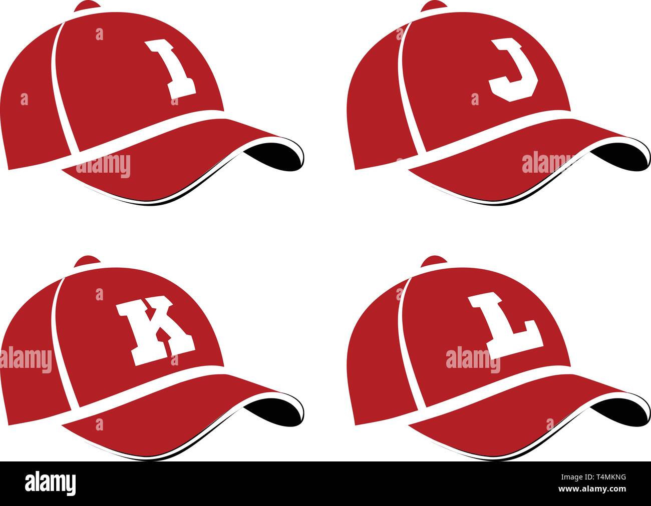 I cappelli da baseball con lettere maiuscole dell'alfabeto, può essere utilizzato come lettore di abbreviazioni dei nomi o nomi di squadra. Illustrazione Vettoriale Illustrazione Vettoriale